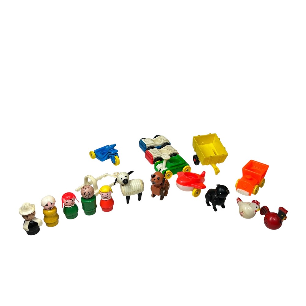 Vintage Fisher Price Little People Farm Lot Wood Plastic Figures Animals Vehicle
